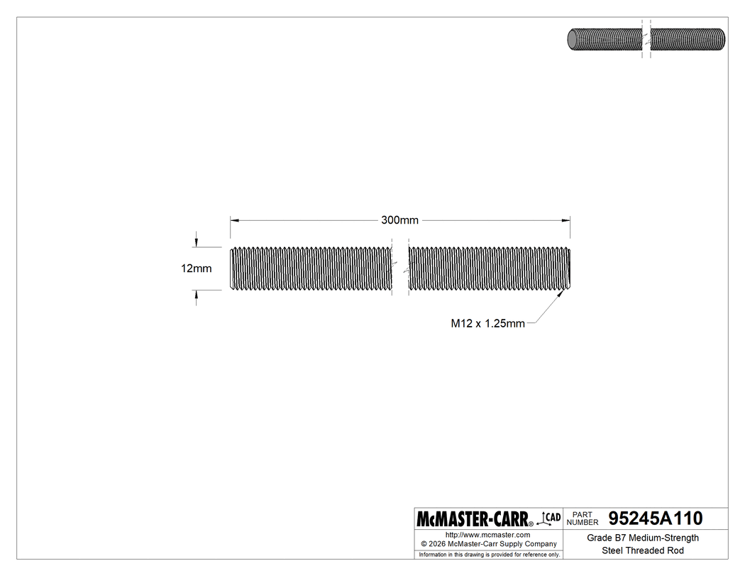 Technical Drawing of Grade B7 Medium-Strength Steel Threaded Rod, Fine-Thread, M12 x 1.25 mm Thread, 300 mm Long.